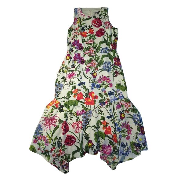 Maggie London Sleeveless Floral Midi Fitted Dress Asymmetrical Hem Women's Sz 2P - Picture 1 of 9